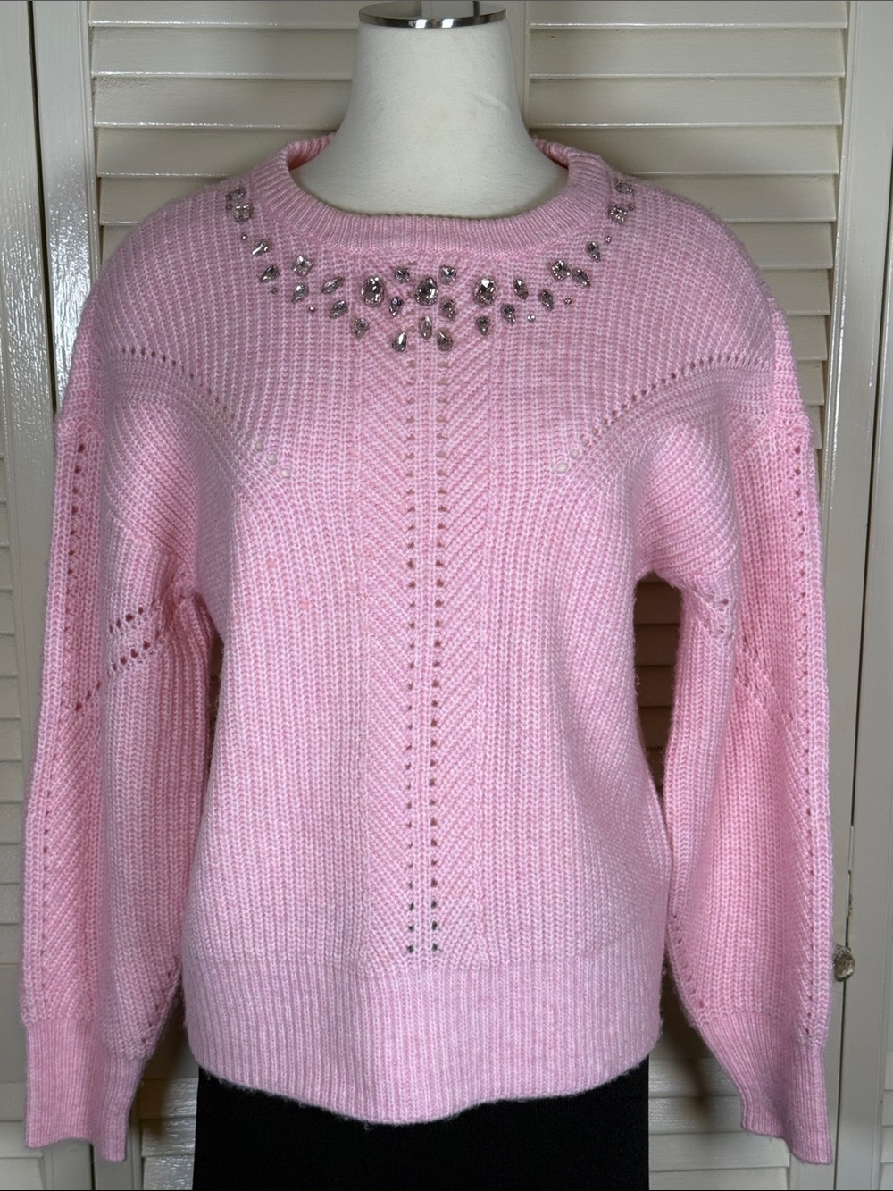 Crown & Ivy Meadow Pink Jeweled Crew Neck Pullover Sweater Small Preppy